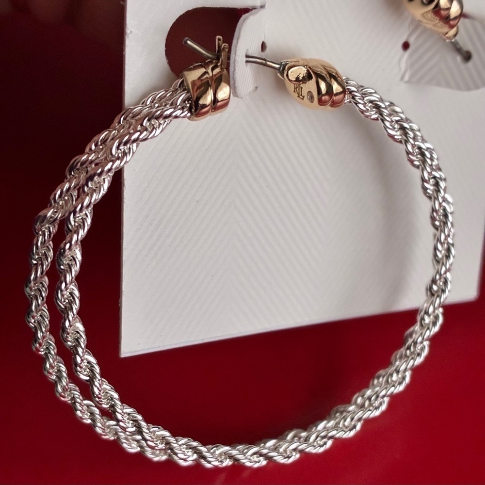 Ralph Lauren Silver and Gold Twisted Hoop Earrings - Picture 5 of 7